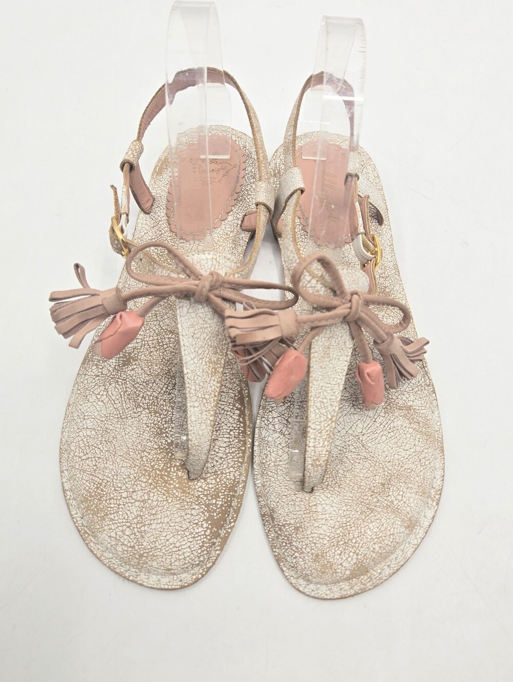 Miss Albright Crackle Slingback Sandals with Tassel Accent Pink Rose Buds